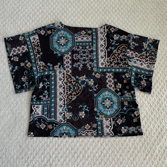 Chico's Medallion Floral Flutter Sleeve Top/Blouse Black/Teal XXL/Chico's Size 4 - Picture 7 of 11